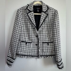 Studio G Women’s Black White Tweed Fringe Trim Blazer Jacket Size 12
